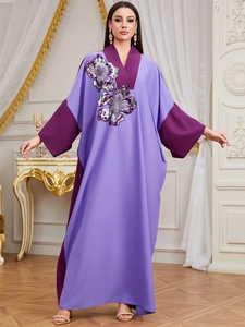 Elegant purple and plum kaftan maxi dress with V-neck and sequins embroidery