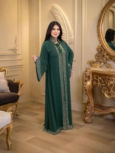 Elegant dark green Abaya 2-piece set with silver sequins and rhinestones luxury dress