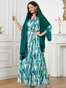 Robe longue élégante vert émeraude à manches longues avec imprimé abstrait et hijab à franges