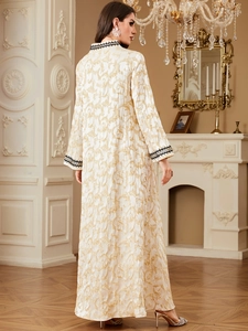 Elegant V-neck long-sleeve dress with champagne gold embroidery and black woven trims