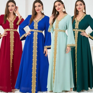 Elegant Muslim Abaya Kaftan Dress Gold Embroidery V Neck Long Sleeve Maxi Dress Ethnic Party Robe For Women