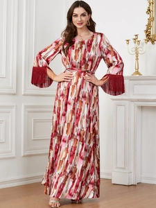 Robe Maxi Élégante pour Femmes avec Imprimé Abstrait Manches Longues avec Glands aux Poignets Taille Nouée en Polyester
