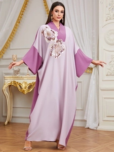 Elegant purple patchwork kaftan maxi dress with sequin floral embroidery and V-neckline