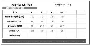 Detailed size chart for chiffon evening dress showing length and bust measurements in CM