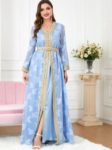 Detailed embroidery on light blue V-neck chiffon kaftan with a gold metallic belt
