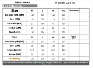 Detailed size chart for women's long embroidered two-piece dress in cm for sizes M to XXL