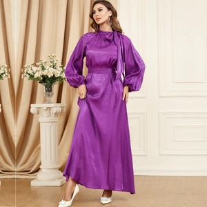 Elegant purple satin long sleeve maxi dress with bow neck and lantern sleeves for formal wear