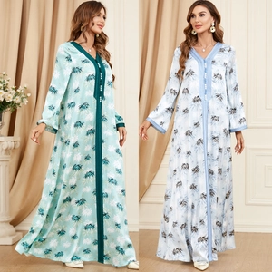 Women V Neck Long Sleeve Kaftan Maxi Dress Tropical Leaf Print Satin Abaya Loose Ethnic Bohemian Floral Long Robe Dress