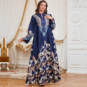 Elegant deep blue ethnic long dress with floral print and V-neck embroidery detail