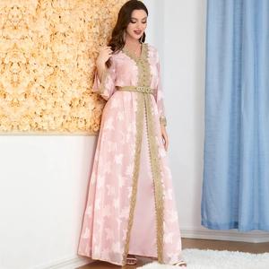 Pink two-piece kaftan set with V-neck, golden embroidery, and elegant metallic belt
