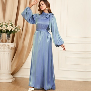 Elegant light blue long sleeve satin dress with pussy-bow neck and A-line silhouette