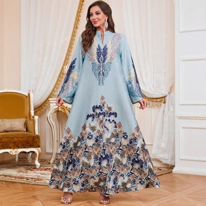 Light blue floral Abaya dress with elegant embroidery and V-neck long sleeves