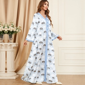 Elegant light blue V-neck kaftan maxi dress with dark grey palm leaf prints for women