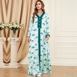Elegant light blue long sleeve V-neck kaftan maxi dress with botanical leaf prints