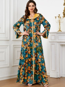 Robe Longue Ethnique pour Femmes Kaftan Abaya en Polyester Manches Longues Col en V Contraste Bordure Strass Mode Musulmane