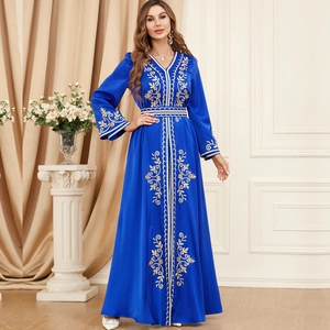 Women's Elegant Moroccan Kaftan Dress Embroidered V-Neck Long Sleeve Satin Maxi Dress Two-Piece Kaftan And Inner Dress