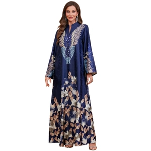 Deep blue Kaftan maxi dress with ethnic floral prints and beaded V-neckline for women