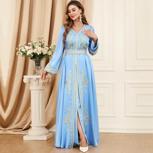 Sky blue Moroccan caftan dress with gold embroidery and silk satin texture for women