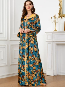 Robe longue ethnique bleu paon avec imprimé abstrait et manches longues, style élégant