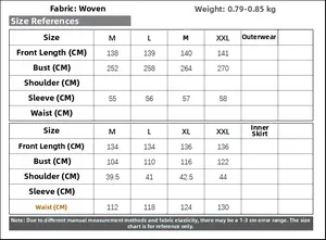 Detailed size chart for elegant two-piece long dress including woven fabric measurements