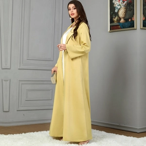 Elegant long sleeve yellow abaya open cardigan with a minimalist flowing design for women