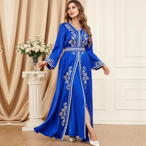 Elegant royal blue kaftan set with gold embroidery and belted long sleeve dress
