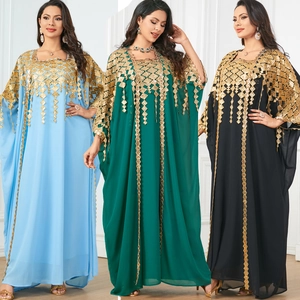 Elegant Chiffon Kaftan Abaya Two Piece Set For Women Embroidered Sequin Long Sleeve Slim Fit Ethnic Maxi Dress Banquet Wedding Top And Bottom