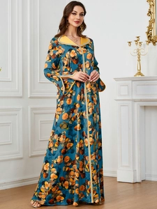 Robe caftan élégante à manches longues avec imprimé bleu et col revers jaune