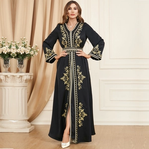 Elegant black kaftan dress with gold embroidery and front slit for formal occasions