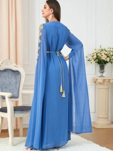 Detailed blue chiffon maxi dress with golden lace embroidery and elegant split sleeves