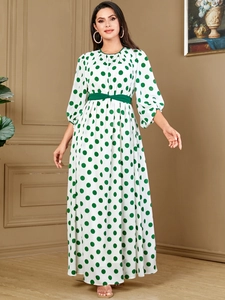 Women Retro Polka Dot Maxi Dress Green White Lantern Sleeve Long Robe Ethnic Style Muslim Dress With Belt