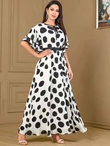 Women Vintage Polka Dot Maxi Dress With Layered Ruffle Sleeve Tie Neck Modest A-Line Long Dress For Summer Casual Party