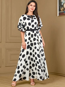 Retro white polka dot maxi dress with ruffle sleeves and high waist detail