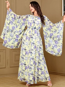 Robe Longue Élégante Pour Femmes Imprimé Floral Manches Papillon Col Rond Style Bohème Musulman Robe Fluide Jaune