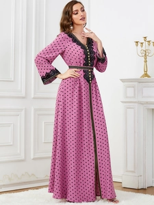V-neck long-sleeve kaftan dress with gold accents and black lace trim detail