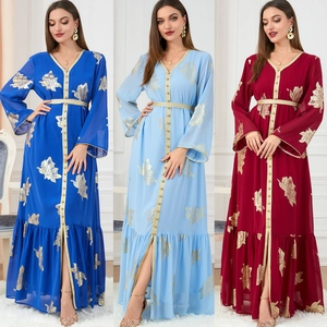 Damen Ethno V-Ausschnitt Chiffon Kaftan Kleid Goldblatt Heißprägung Langarm Abaya Mittlerer Osten Party Elegant Maxi Kleid