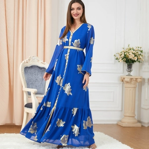 Königliches blaues marokkanisches Kaftankleid mit goldenem Blattdruck und Volant