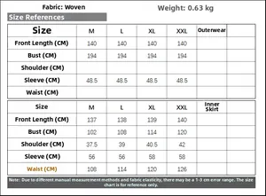 Size chart for women's two-piece robe with detailed measurements from size M to XXL