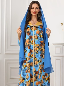 Detail view of the elegant blue chiffon hijab matching the printed Muslim long dress set