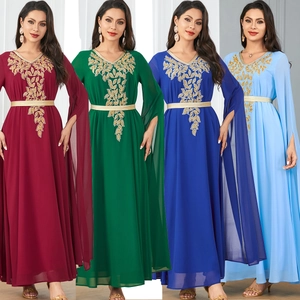 Women Elegant Muslim Kaftan Dress Gold Embroidery Chiffon Maxi Abaya With Waist Belt V Neck Split Cape Sleeve Formal Party Gown