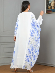 Back view of elegant white chiffon robe with blue floral digital print and batwing sleeves