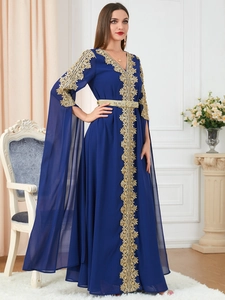 Royal blue kaftan dress with gold embroidery and elegant long cape sleeves
