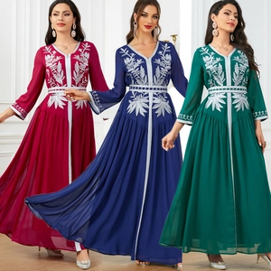 Women Elegant Embroidered Kaftan Maxi Dress V-Neck Long Sleeve Chiffon Abaya Robe For Party Wedding Evening Muslim Fashion