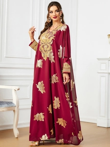 Elegant wine red kaftan dress with golden leaf patterns and V-neck embroidery