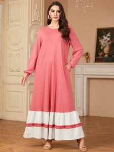 Women Round Neck Long Sleeve Maxi Dress Casual Elegant Patchwork Ruffle Hem Pink Loose Fit Pocket Modest Abaya Robe Dress