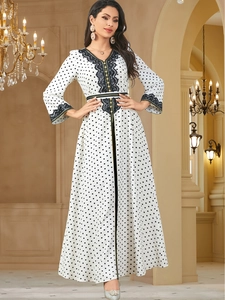 Women Elegant Polka Dot V Neck Maxi Dress Long Sleeve Lace Patchwork Modest Kaftan Abaya Dress With Waist Tie