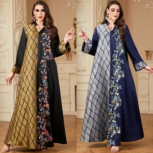 Robe Abaya Élégante pour Femmes Patchwork Broderie Florale Treillis Géométrique Col en V Manches Longues Kaftan Maxi Musulman Fête