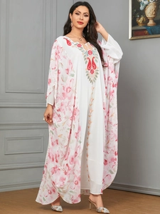 Middle Eastern Kaftan Abaya Dress Floral Print Ethnic Embroidery Batwing Sleeves Loose Fit Casual Maxi Gown Summer Dress