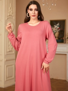 Elegant dusty pink long sleeve crew neck maxi dress with comfortable loose fit style