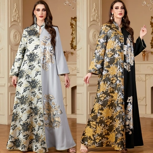 Women Elegant Ethnic Kaftan Abaya Maxi Dress Color Block Jacquard Sequin Embroidery Long Sleeve Stand Collar Evening Party Gown